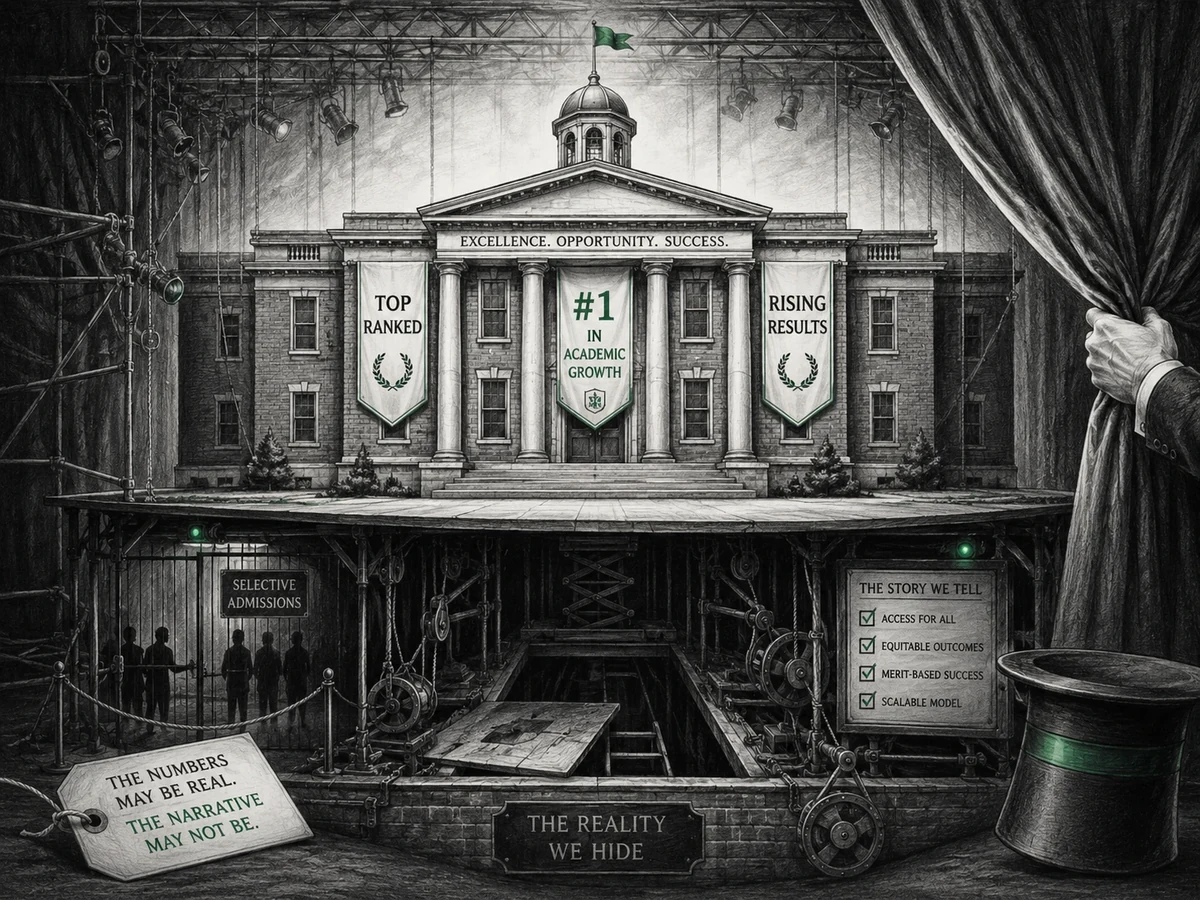 A staged school facade draped in banners about growth and success, with hidden machinery, a selective admissions gate, and a tag that says the numbers may be real but the narrative may not be.